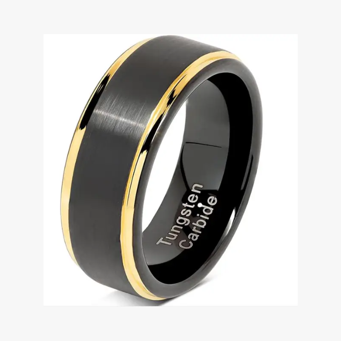 Black and Gold Beveled Edge Tungsten Carbide Ring – 8MM Men’s Wedding Band, Scratch-Resistant, Comfort Fit