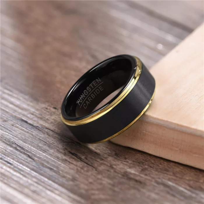 Black and Gold Beveled Edge Tungsten Carbide Ring – 8MM Men’s Wedding Band, Scratch-Resistant, Comfort Fit
