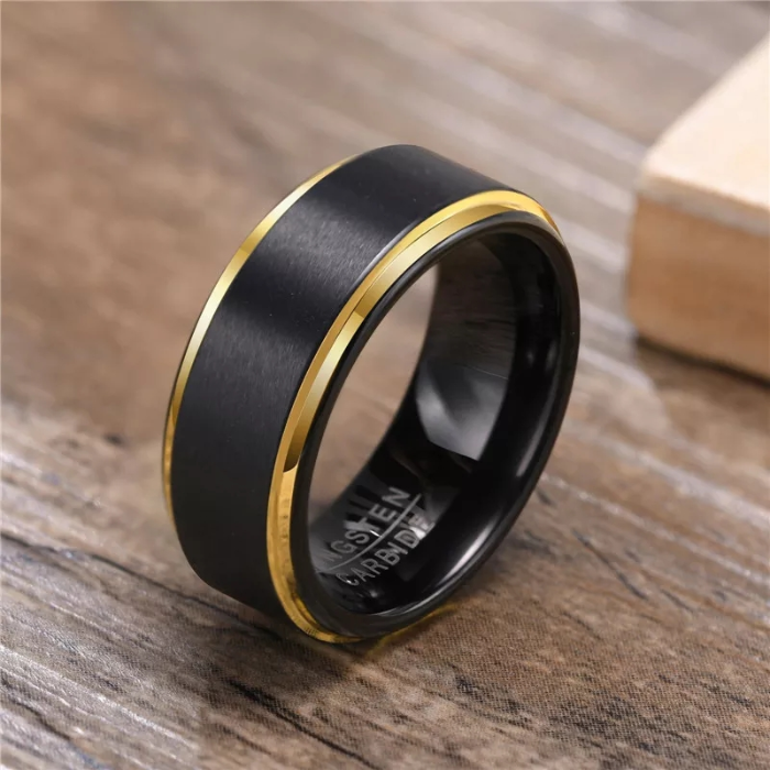 Black and Gold Beveled Edge Tungsten Carbide Ring – 8MM Men’s Wedding Band, Scratch-Resistant, Comfort Fit