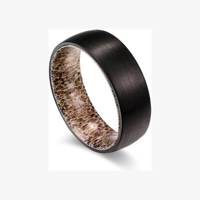 Black Tungsten Carbide Ring with Antler Inner Lining – 8MM Men’s Wedding Band, Comfort Fit, Scratch-Resistant