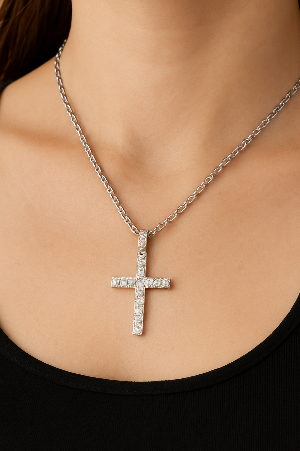 Paved Cross Necklace in Sterling Silver with Swarovski Crystals