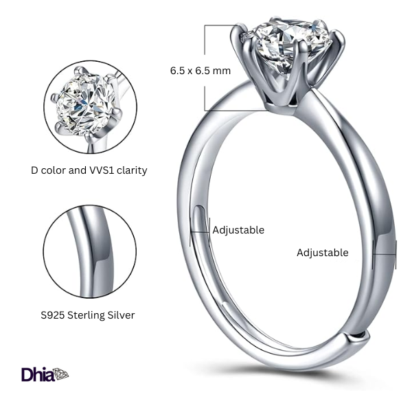 1.0ct S925 Moissanite Solitaire Adjustable Ring