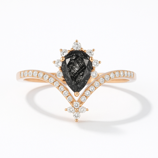 Pear Cut Wish Bone Engagement Black Rutilated Quartz Ring