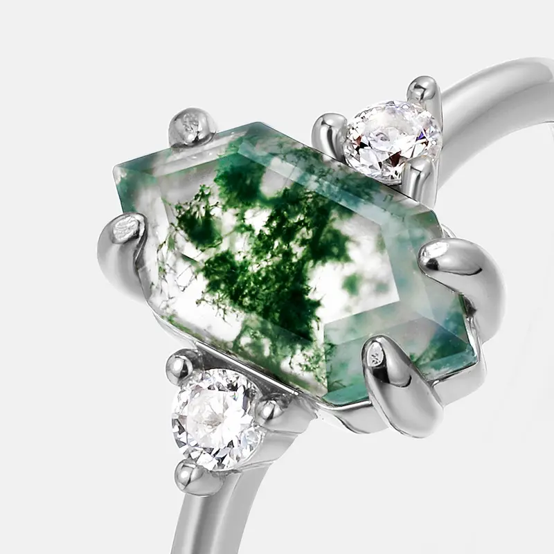🆕Silver Hexagon Natural Green Moss Agate