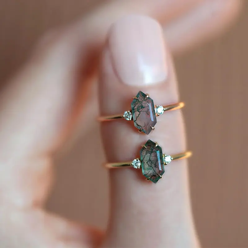 🆕Silver Hexagon Natural Green Moss Agate