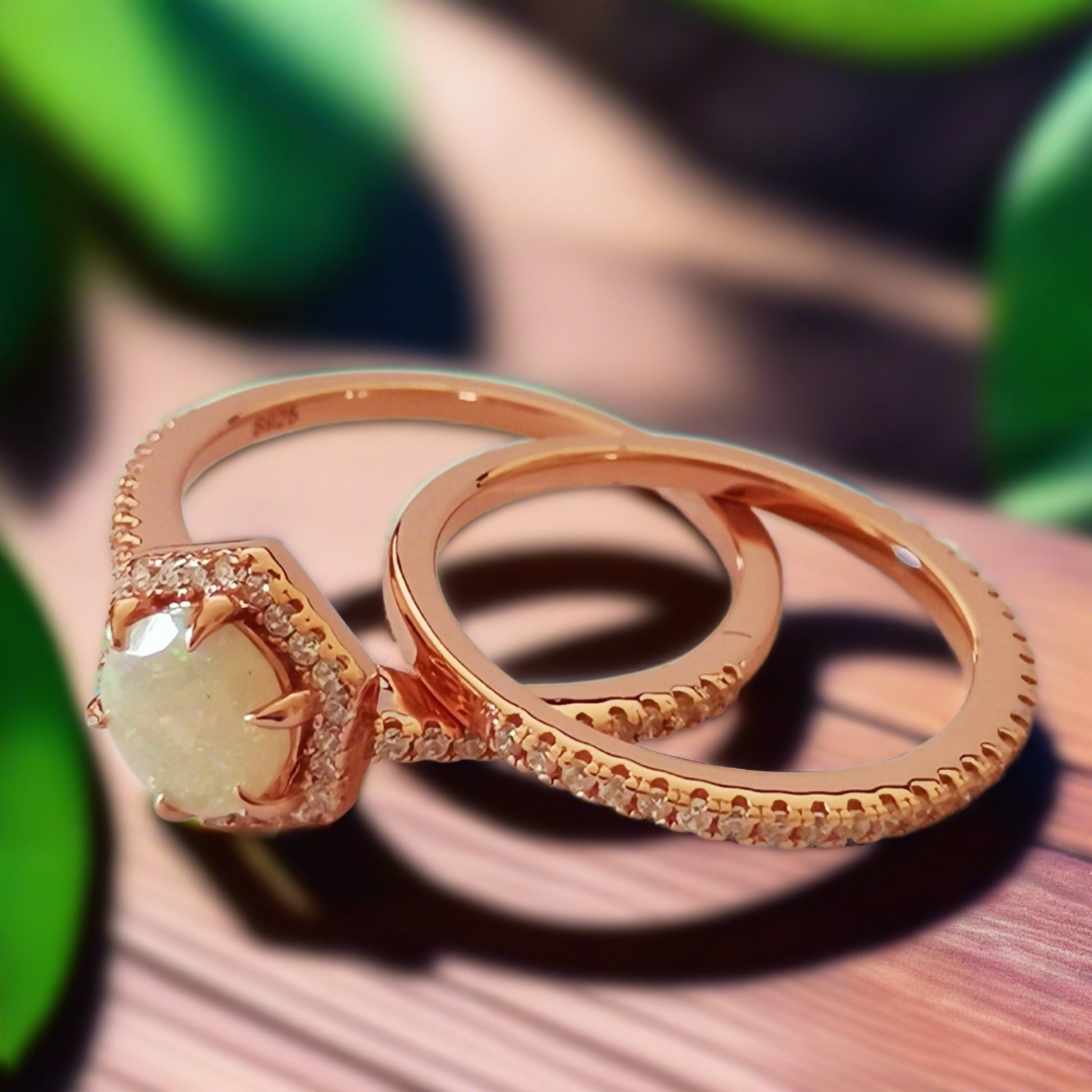 Hexagon Natural Opal Engagement Ring Set