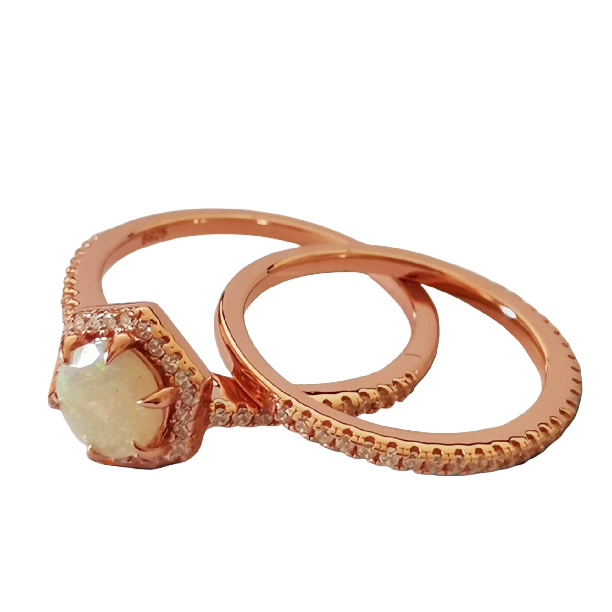 Hexagon Natural Opal Engagement Ring Set