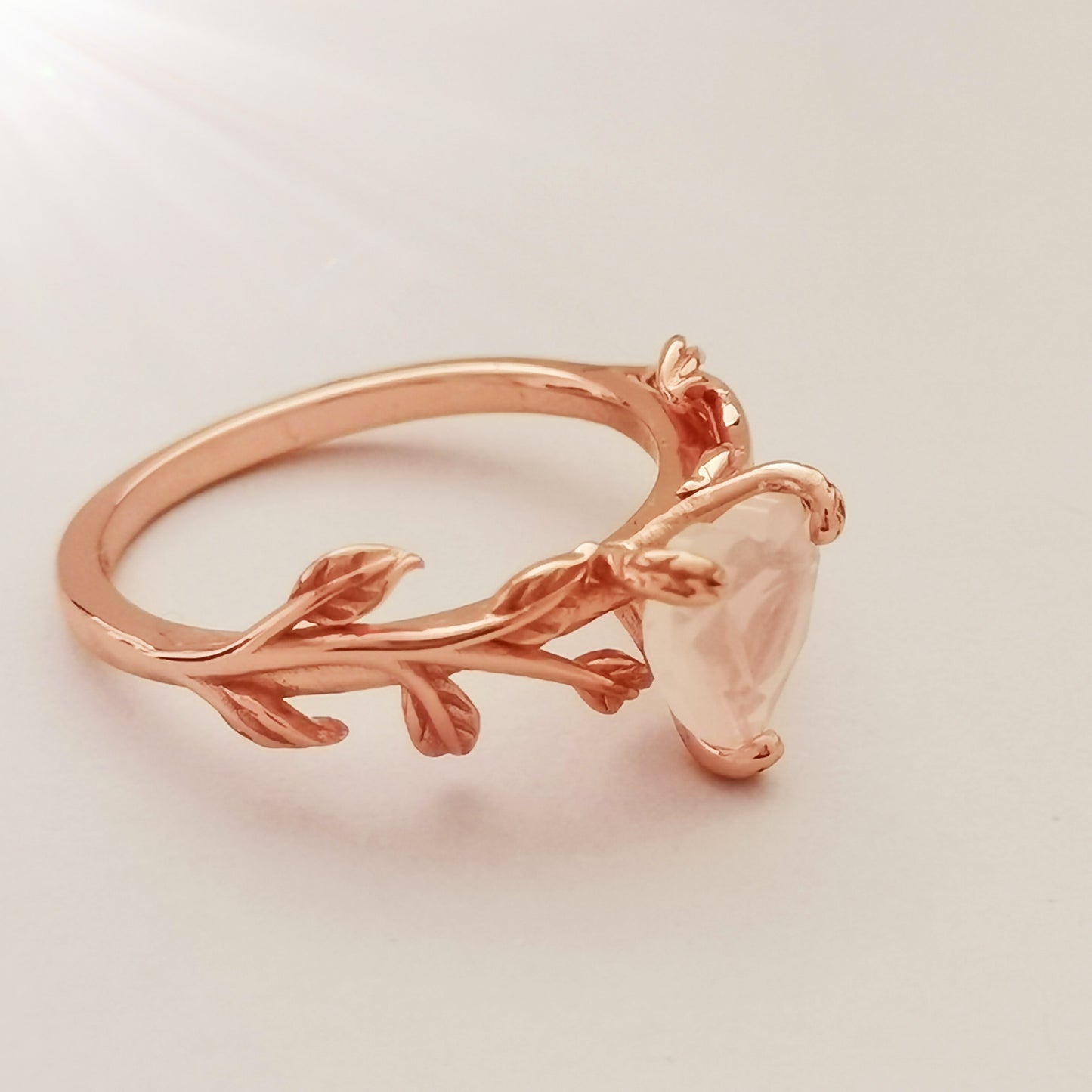Heart Cut Natural Moonstone Leaf Engagement Ring