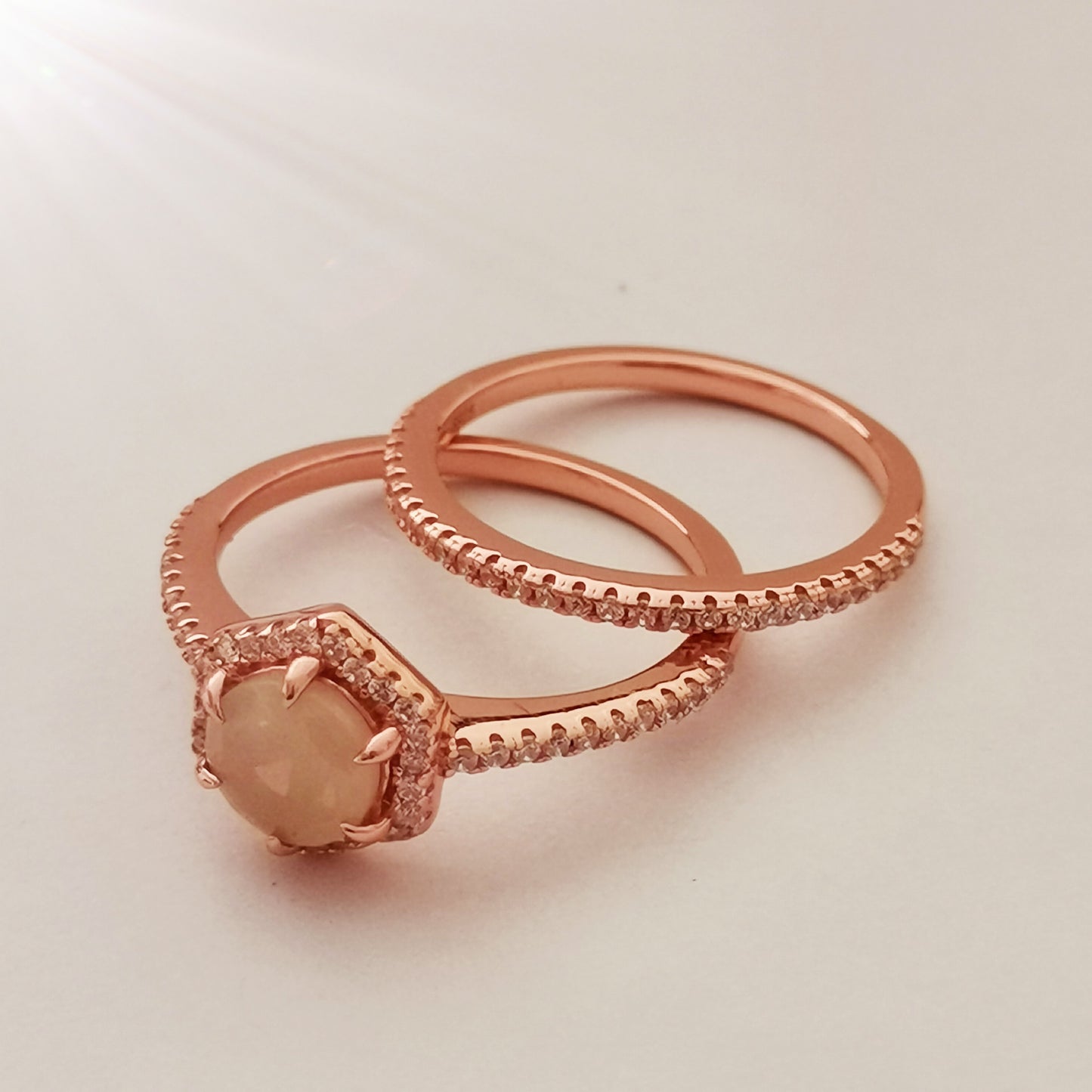 Hexagon Natural Opal Engagement Ring Set