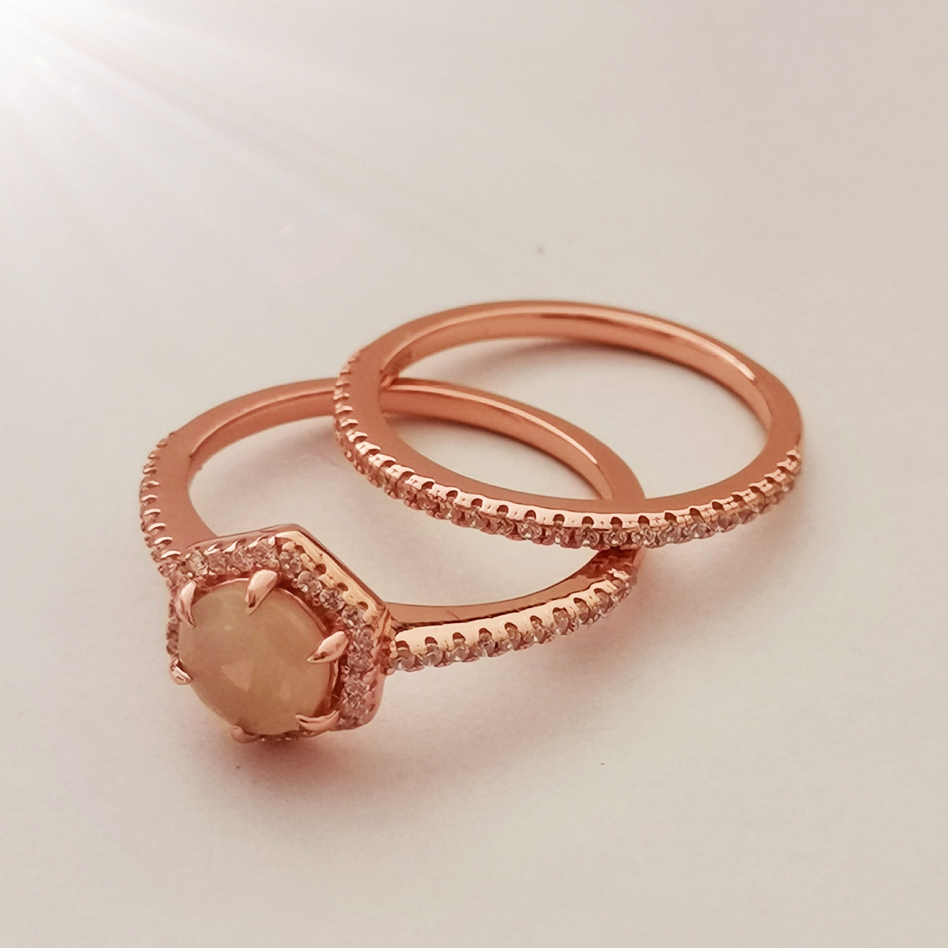 Hexagon Natural Opal Engagement Ring Set