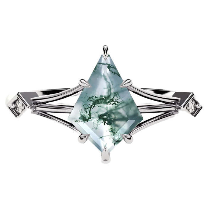 S925 Split Shank Kite Cut Natural Moss Agate with Moissanite