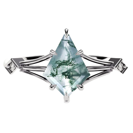 S925 Split Shank Kite Cut Natural Moss Agate with Moissanite