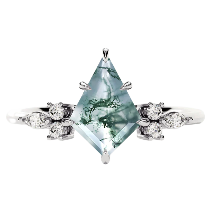 S925 Kite Cut Natural Moss Agate with Moissanite Marquise Side Ring