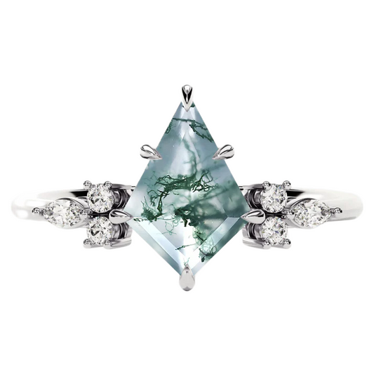 S925 Kite Cut Natural Moss Agate with Moissanite Marquise Side Ring