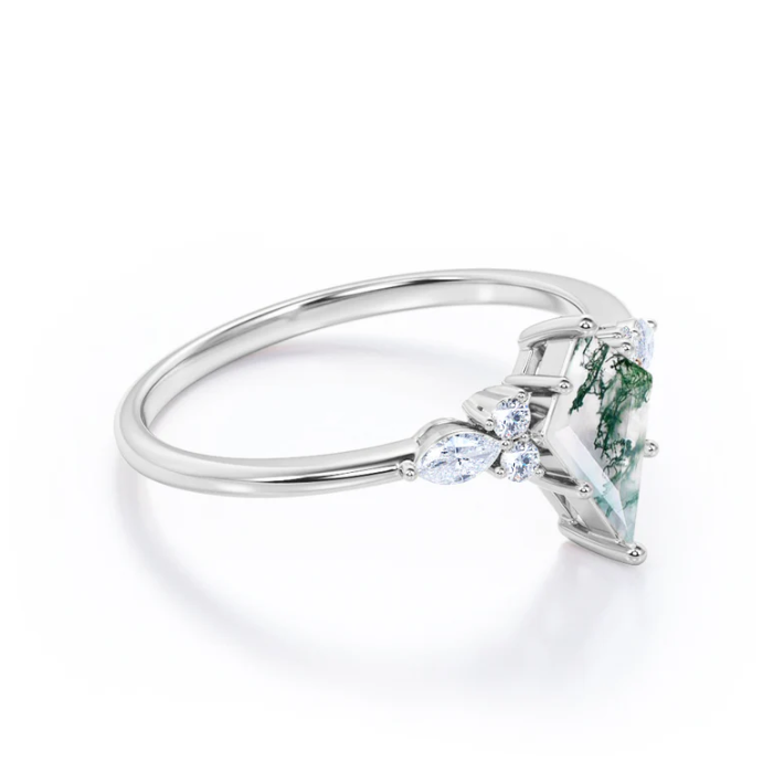 S925 Kite Cut Natural Moss Agate with Moissanite Marquise Side Ring