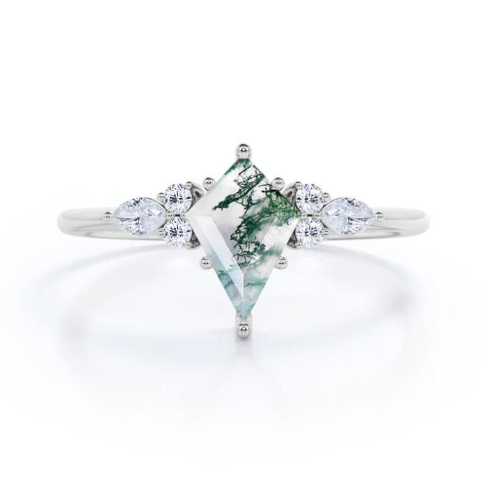 S925 Kite Cut Natural Moss Agate with Moissanite Marquise Side Ring