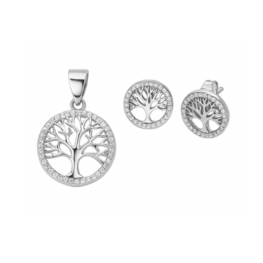 S925 Sterling Silver Tree of Life Earrings & Pendant Set A with Zirconia