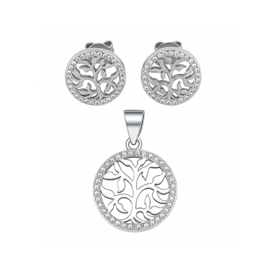 S925 Sterling Silver Tree of Life Earrings & Pendant Set B with Zirconia