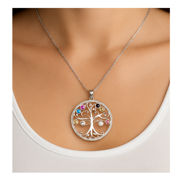 S925 Tree of Life with Coloured Crystals Necklace