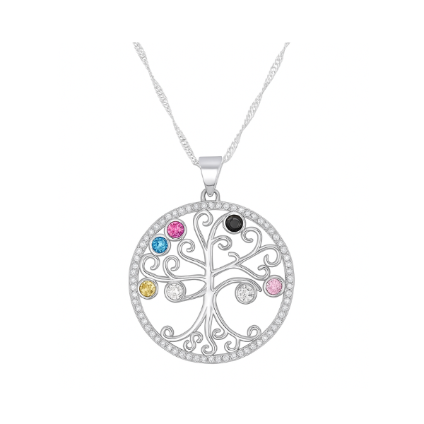 S925 Tree of Life with Coloured Crystals Necklace