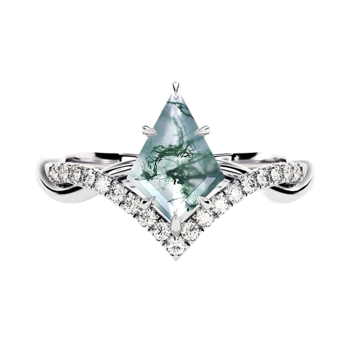 S925 Kite Cut Natural Moss Agate with Moissanite V Band