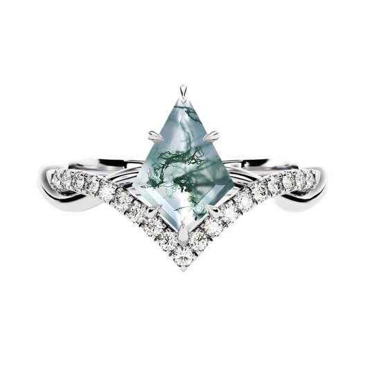S925 Kite Cut Natural Moss Agate with Moissanite V Band