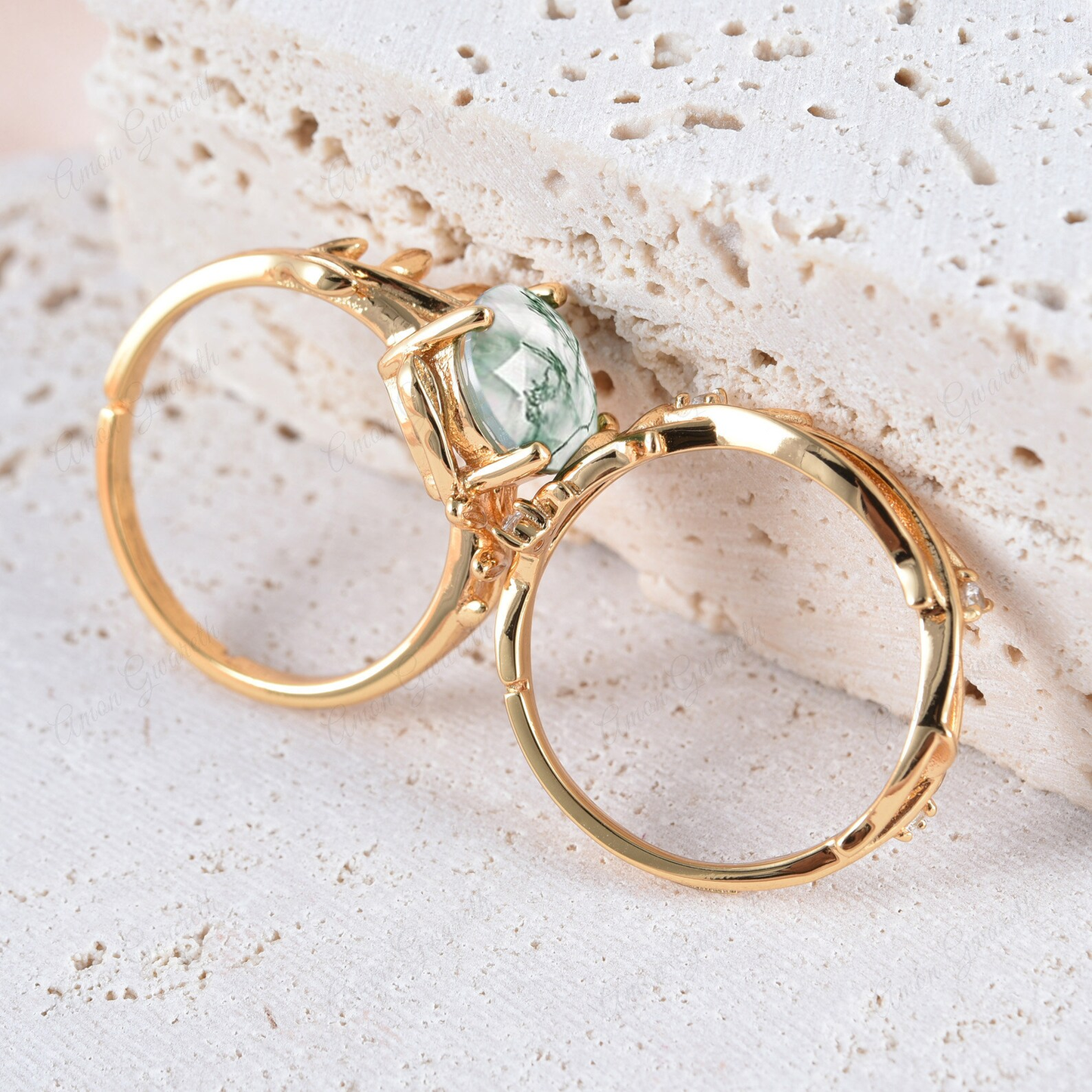Floral Leaf Natural Moss Agate Adjustable Yellow Gold Twin Set