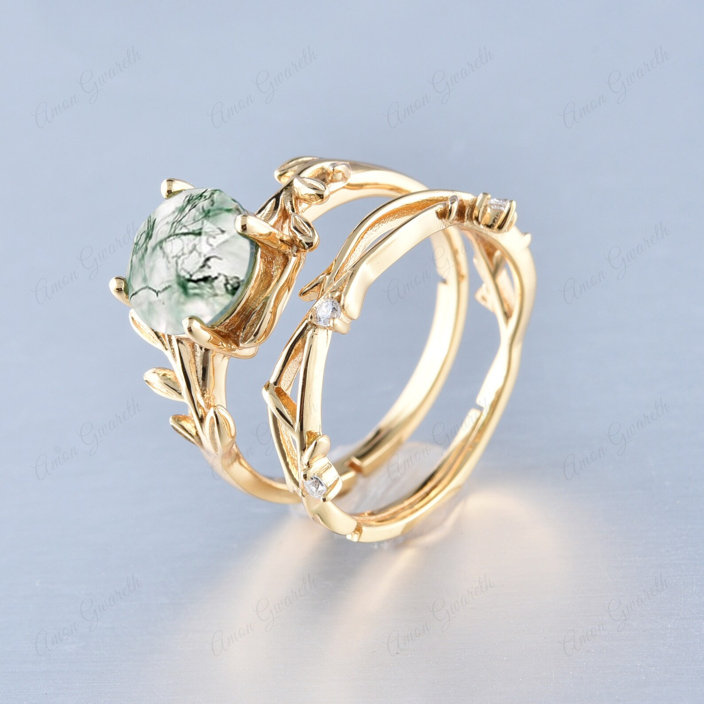 Floral Leaf Natural Moss Agate Adjustable Yellow Gold Twin Set