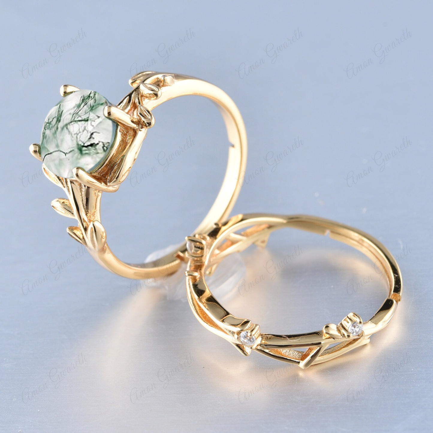 Floral Leaf Natural Moss Agate Adjustable Yellow Gold Twin Set