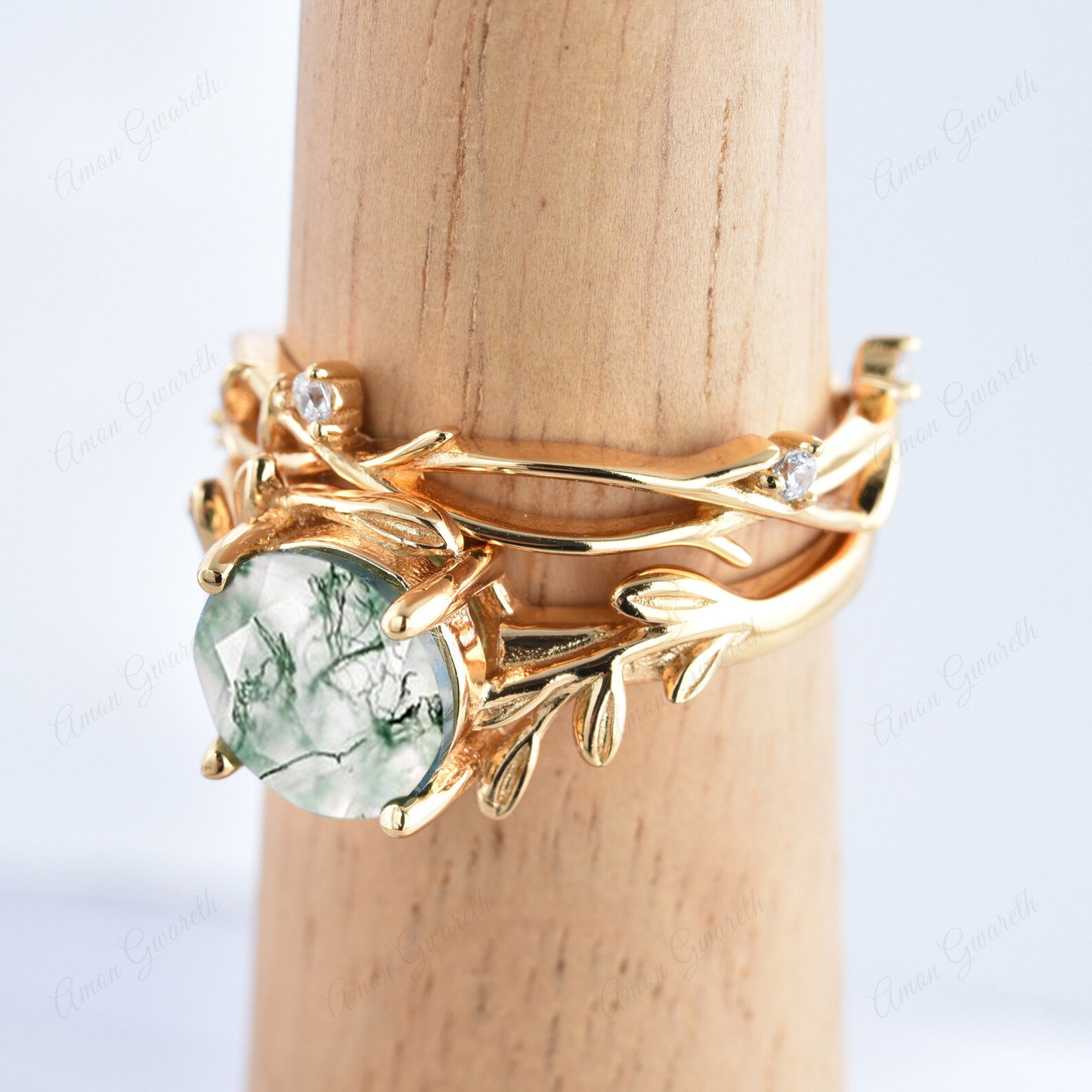 Floral Leaf Natural Moss Agate Adjustable Yellow Gold Twin Set