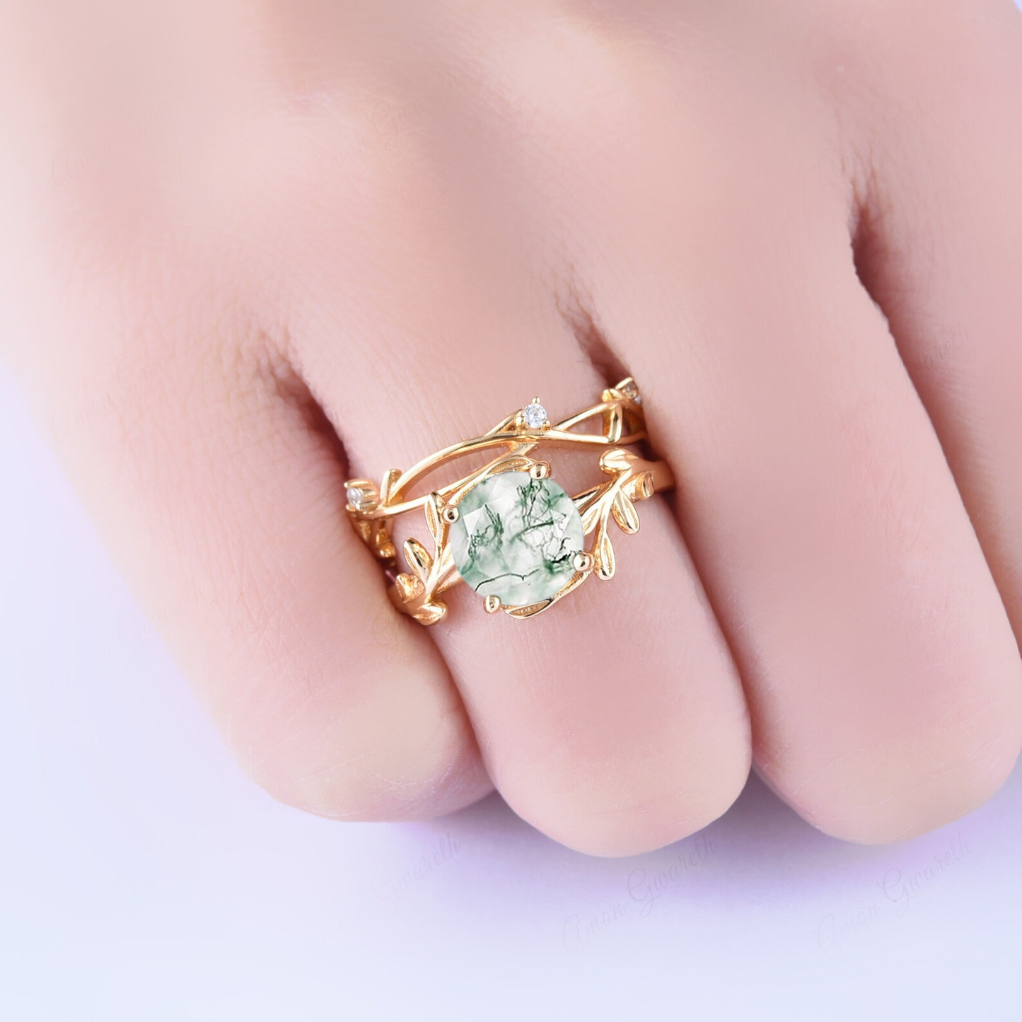 Floral Leaf Natural Moss Agate Adjustable Yellow Gold Twin Set