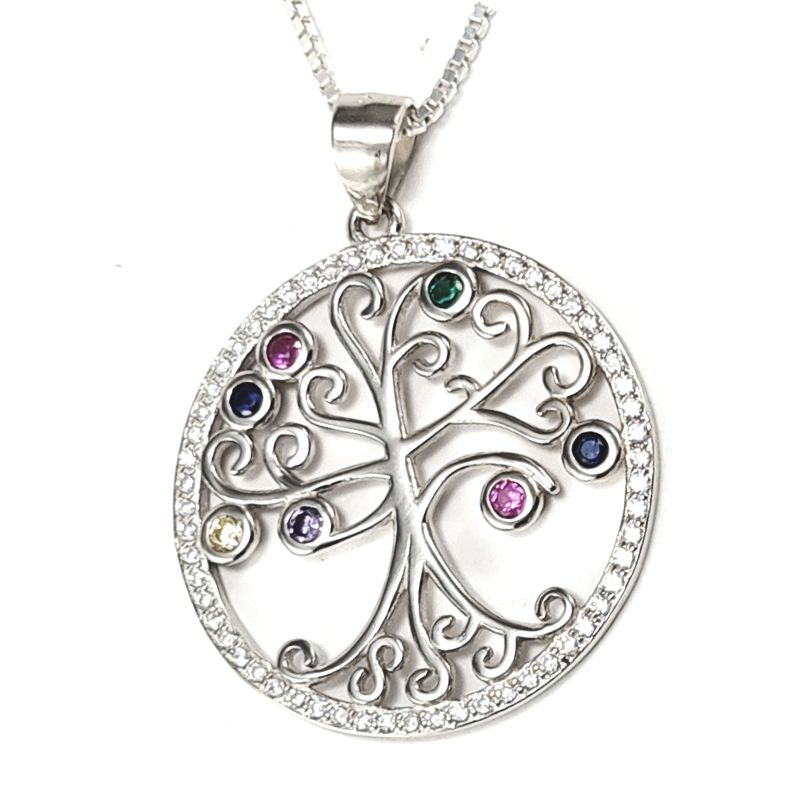 S925 Tree of Life with Coloured Crystals Necklace