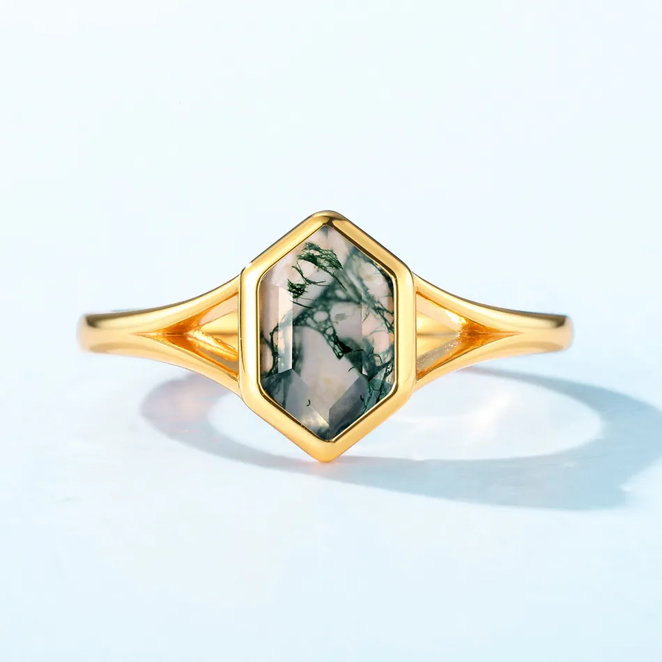 🆕Vermeil Hexagon Moss Agate -Silver