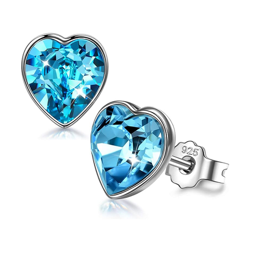 Aquamarine Heart Stud Earrings embellished with Crystals from Swarovski