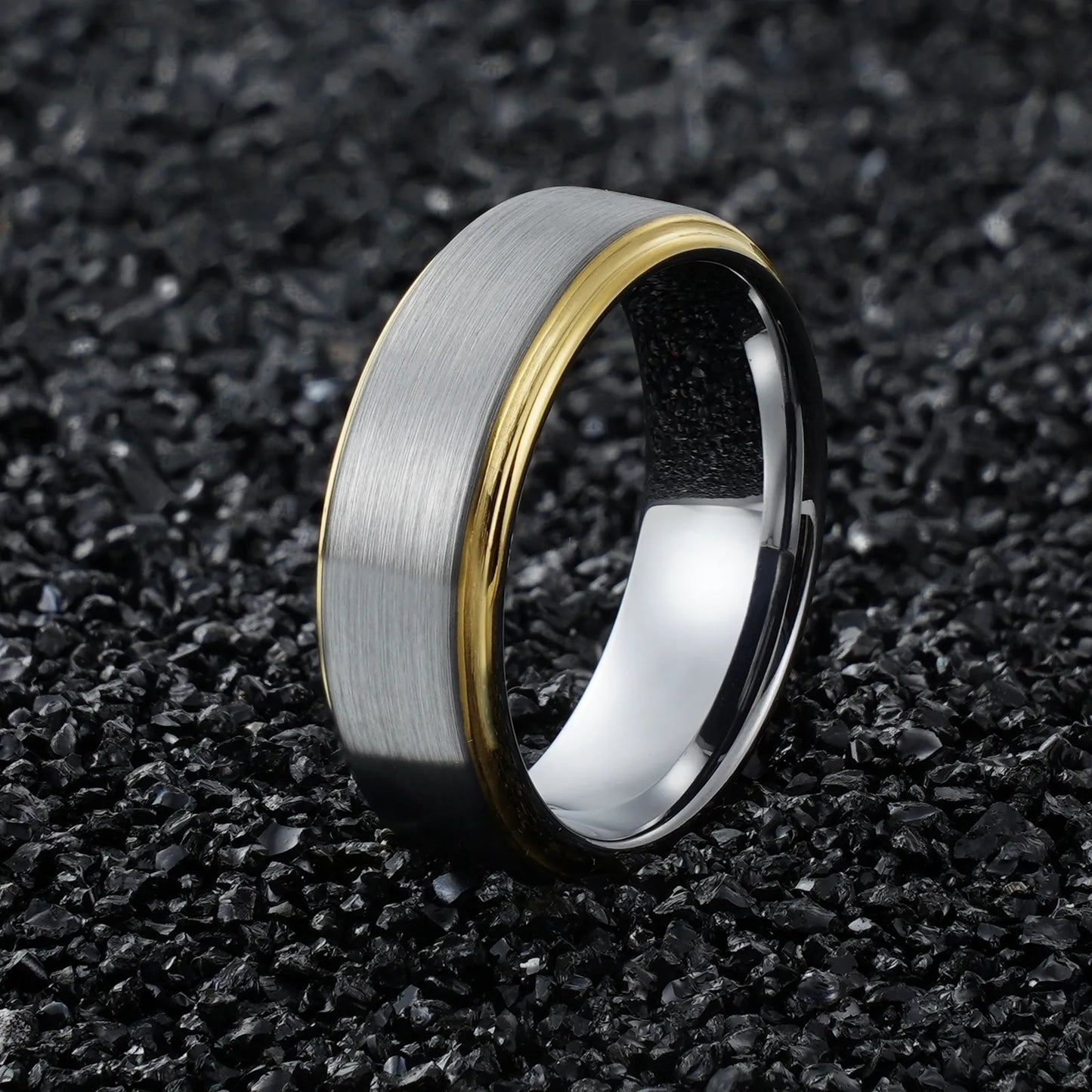 Shop the Grey Tungsten Carbide Ring with Gold Bevel . 8MM comfort fit, durable, hypoallergenic & scratch-resistant. Masculine style meets nature.