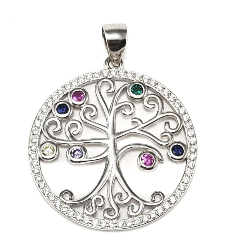 S925 Tree of Life with Coloured Crystals Necklace