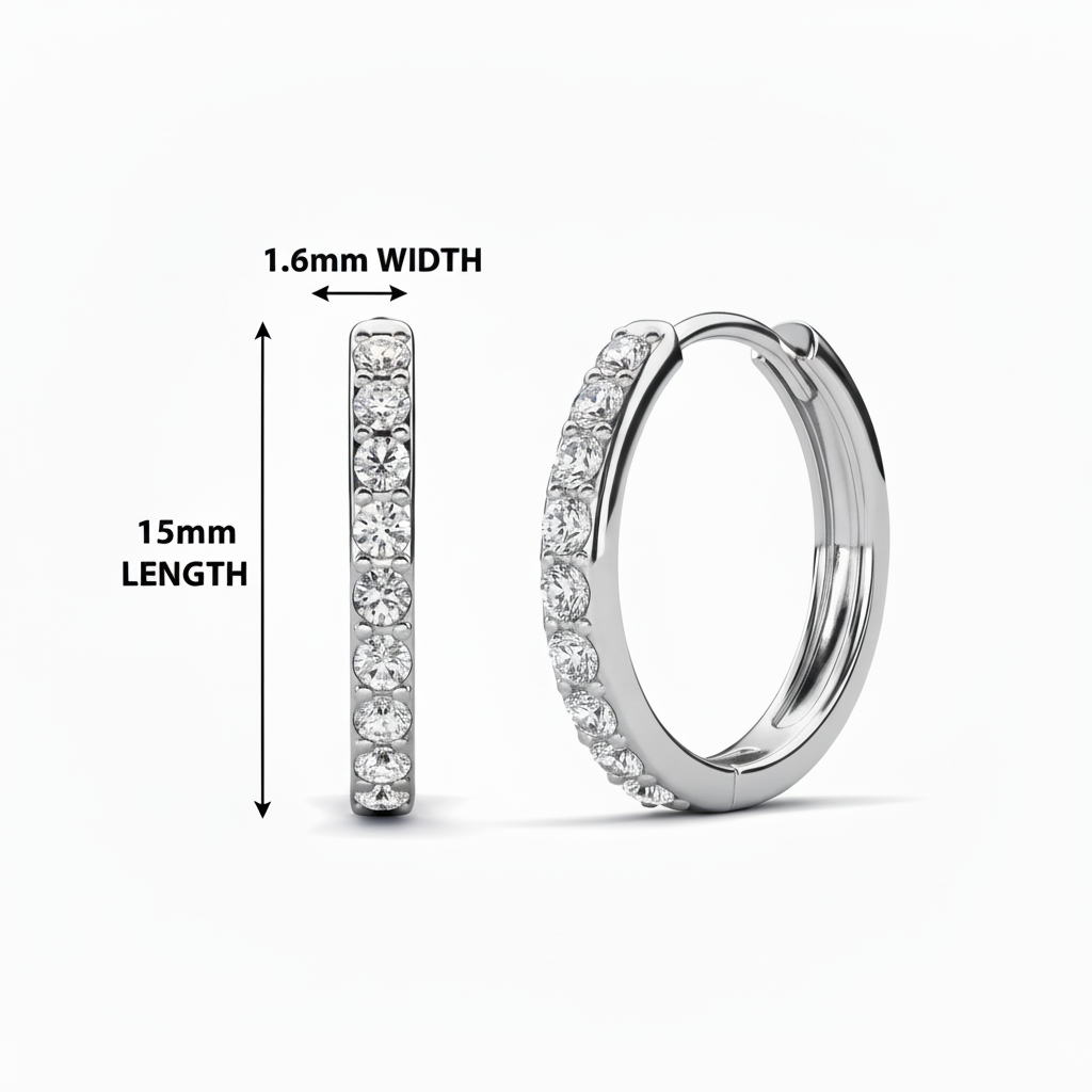 White Gold Hoop Earrings - Both White Gold - 15mm LENGTH × 1.6mm WIDTH