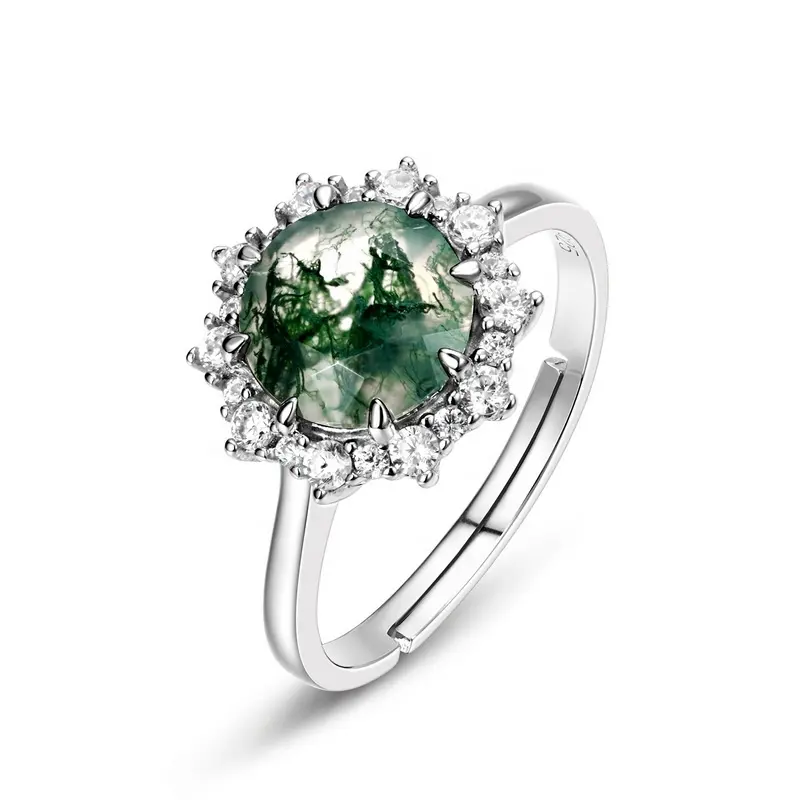 2.0CT Natural Moss Agate Halo Adjustable Rings