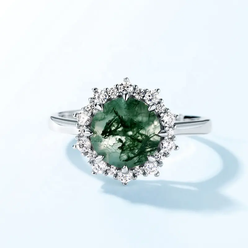 2.0CT Natural Moss Agate Halo Adjustable Rings