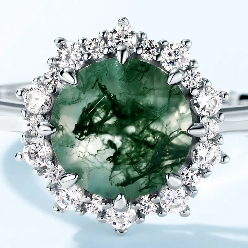 2.0CT Natural Moss Agate Halo Adjustable Rings