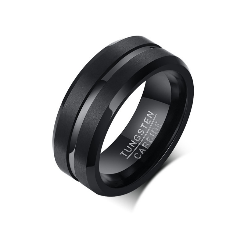 Shop the Men’s Black Channel Tungsten Carbide Ring – 8mm matte finish with polished black groove. Durable, scratch-resistant, and designed for comfort. Perfect wedding band or gift.