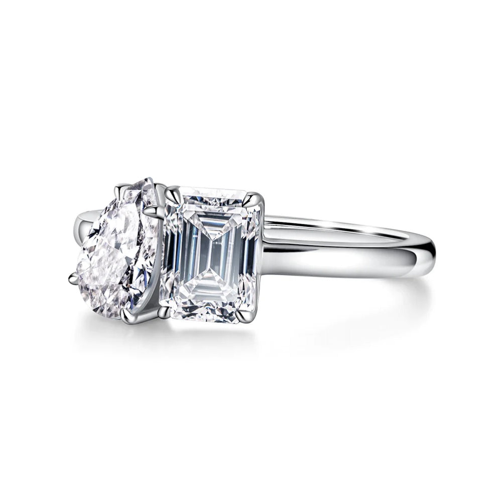 1.0Ct Moissanite Pear & Emerald Ring Silver