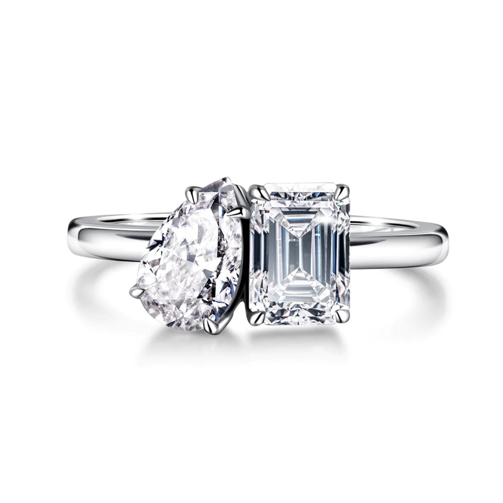 1.0Ct Moissanite Pear & Emerald Ring Silver