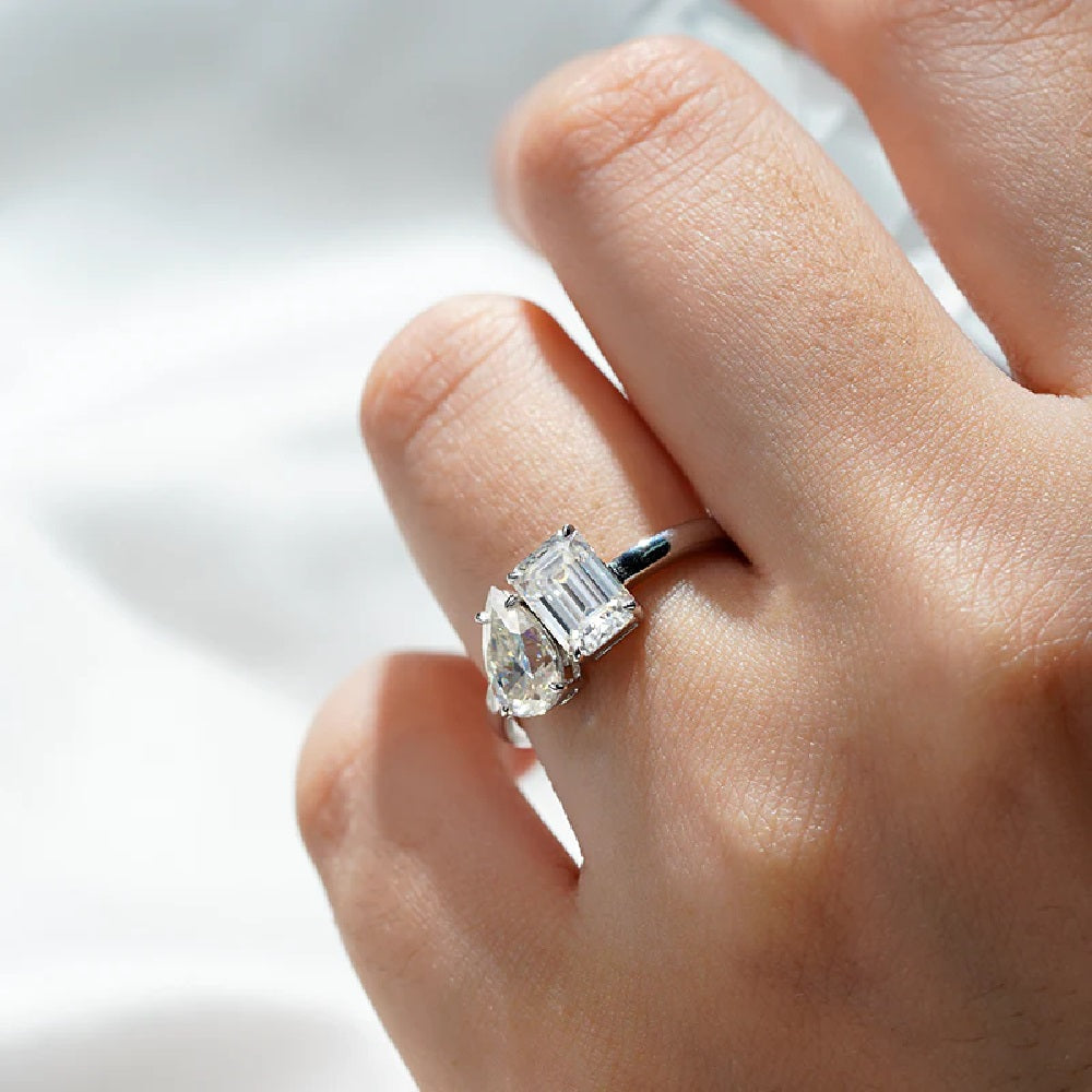1.0Ct Moissanite Pear & Emerald Ring Silver