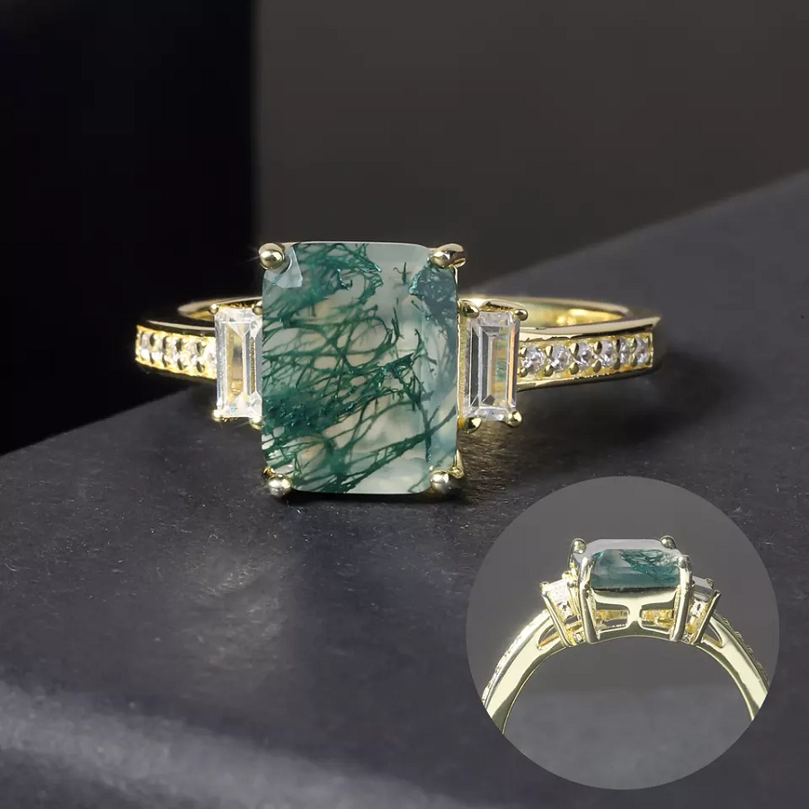 Moss Agate Emerald Cut Ring
