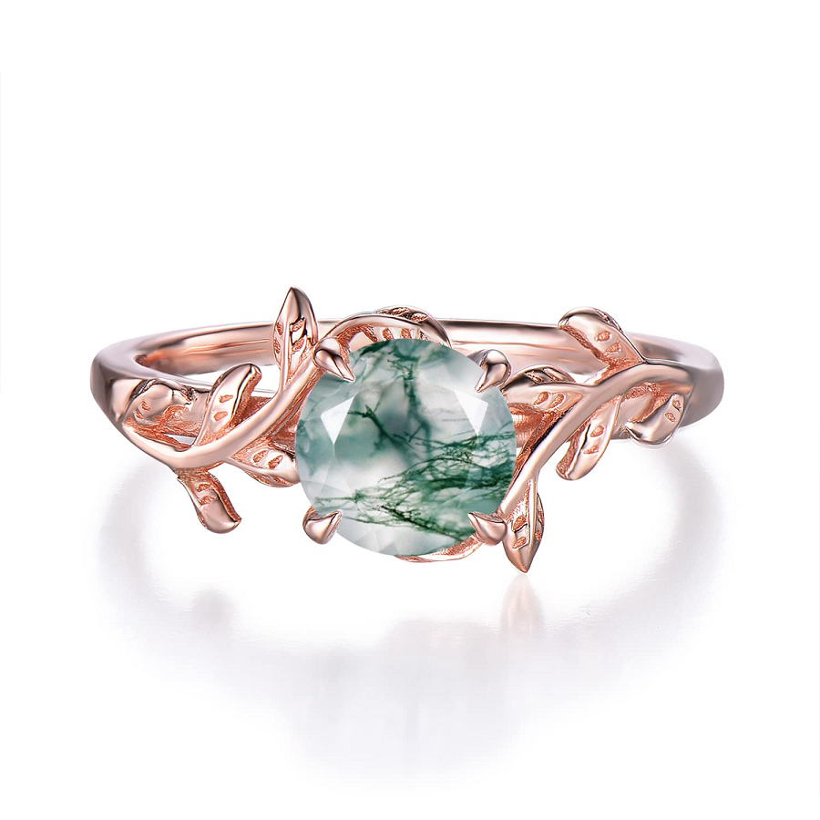 Moss Green Agate Leaf Solitaire in Rose Gold