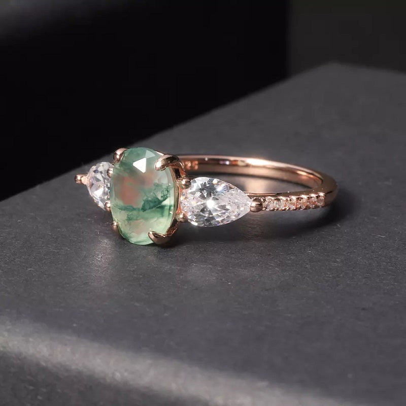 Moss Agate Ring with Pear Side Stone