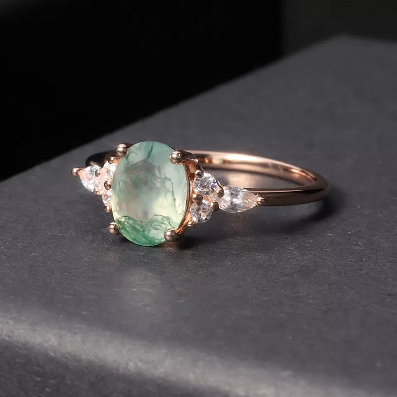 Moss Agate Oval Ring with 3 Stone Sides