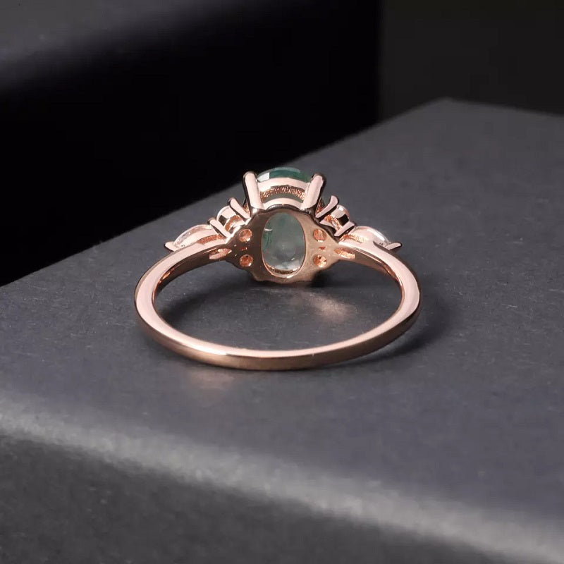 Moss Agate Oval Ring with 3 Stone Sides