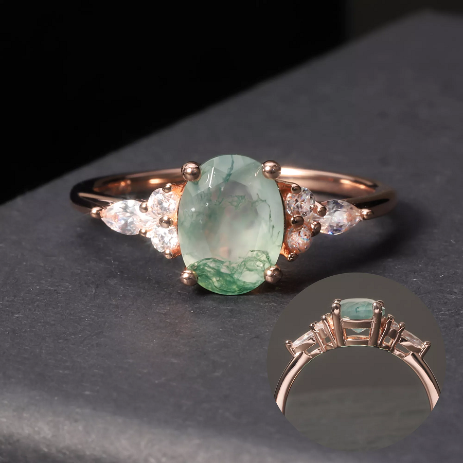 Moss Agate Oval Ring with 3 Stone Sides